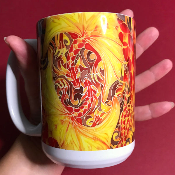 Extra Large Dragons Mug. Red and Golden Yellow mugs in BIG & standard sizes.  mug & coaster box set. mythical magical creatures lovers gift set. Fantasy lovers gift. dolphin lovers gift. gift for him. gift for teacher. gift for her. tea coffee lovers gift.