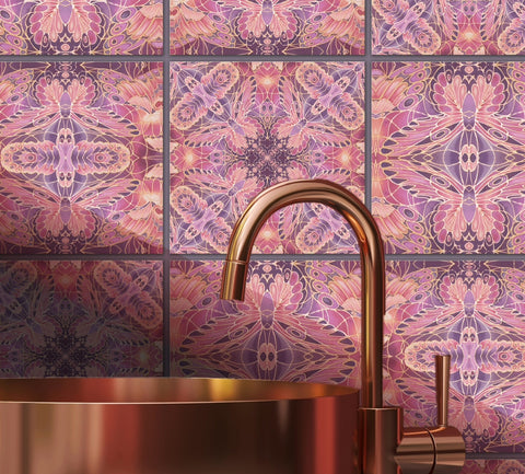 Blush Butterflies Set of 20 Ceramic Tiles - Bohemian Pink Peach and Gold Warm Gentle Bohemian Kitchen Tiles