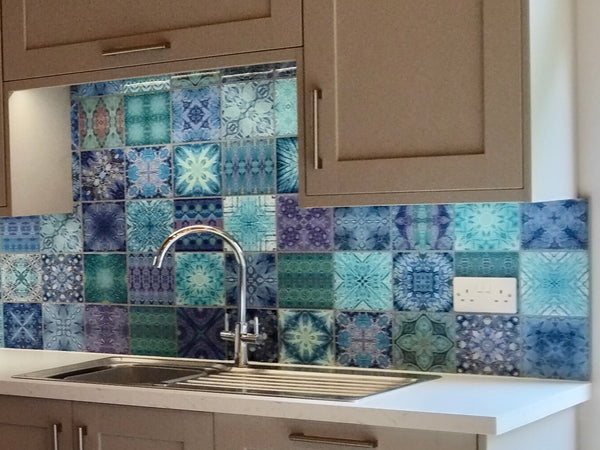 Beautiful Bohemian Mixed set of cool fresh blue, green, ultramarine, teal, aqua and turquoise ceramic Tiles. A Calming Tranquil  mix of Patterned and Kaleidoscope designs for a cheering Bathroom or 'wake me up' Shower. Every tile is different in this mix, featuring patterns created from turtles, dolphins, swallows, butterflies, flowers, trees and other ornate designs.