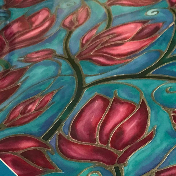 Folksy Boho Magnolia Flowers Pink & Sky Painting - hand painted silk Magnolias - Magnolias Original Art
