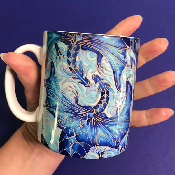 Extra Large Dragons Mug. Blue Aqua mugs in BIG & standard sizes.  mug & coaster box set. mythical magical creatures lovers gift set. Fantasy lovers gift. dolphin lovers gift. gift for him. gift for teacher. gift for her. tea coffee lovers gift.