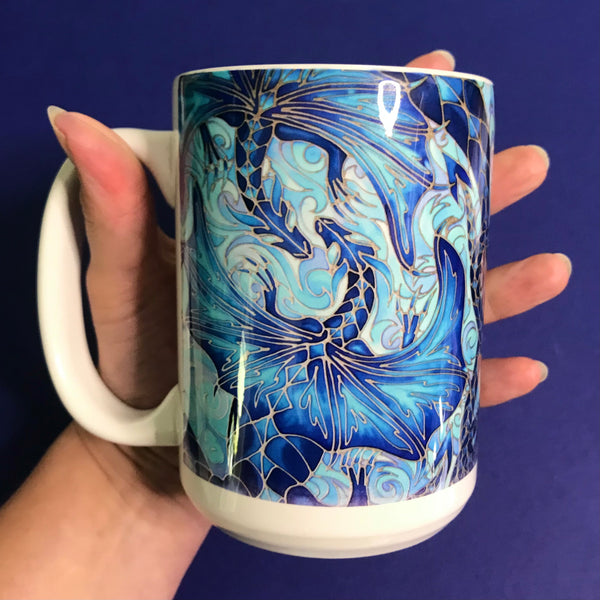 Extra Large Dragons Mug. Blue Aqua mugs in BIG & standard sizes.  mug & coaster box set. mythical magical creatures lovers gift set. Fantasy lovers gift. dolphin lovers gift. gift for him. gift for teacher. gift for her. tea coffee lovers gift.