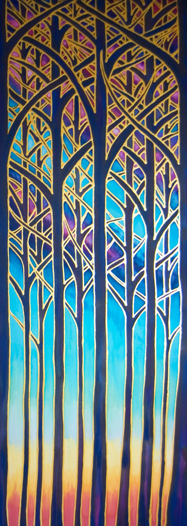 SOLD Cathedral Trees Original Art - Forest Original Silk Painting - Turquoise Trees Painting