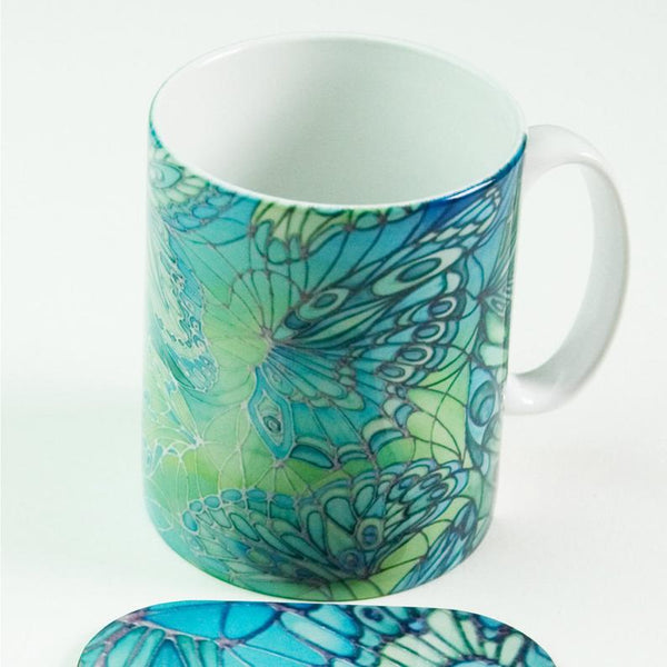 Pretty Green Butterfly mug and coaster box set or Mug only - Minty Green Mug Set - Butterfly Mug Gift