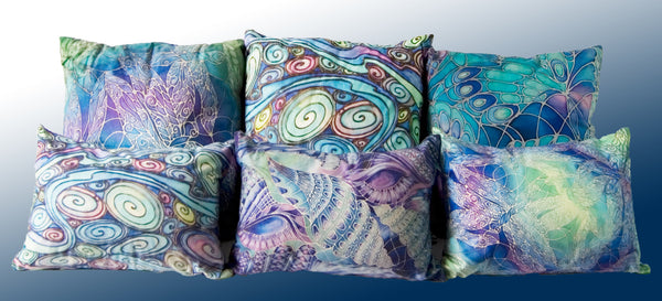 Mixed Blue Green Patterned Cushions - Cushions Printed with Art - Washable Throw Pillow - Meikie Interiors