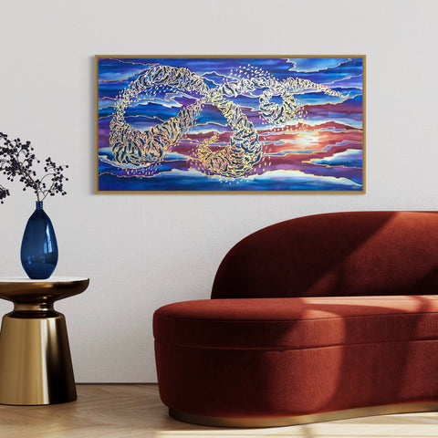 Sunset Murmuration Painting - Swooping Birds hand painted silk  - Blue Purple Red Sunset Original Art