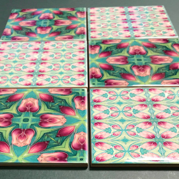 Pink Tulip Mixed Set of Bathroom Tiles - Arts and Crafts Look Bright Bohemian Kitchen Tiles