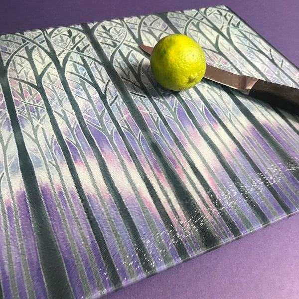 Charcoal Purple Misty Trees Table Mats - Tall Trees Place Mats - Cloisters Chopping Boards