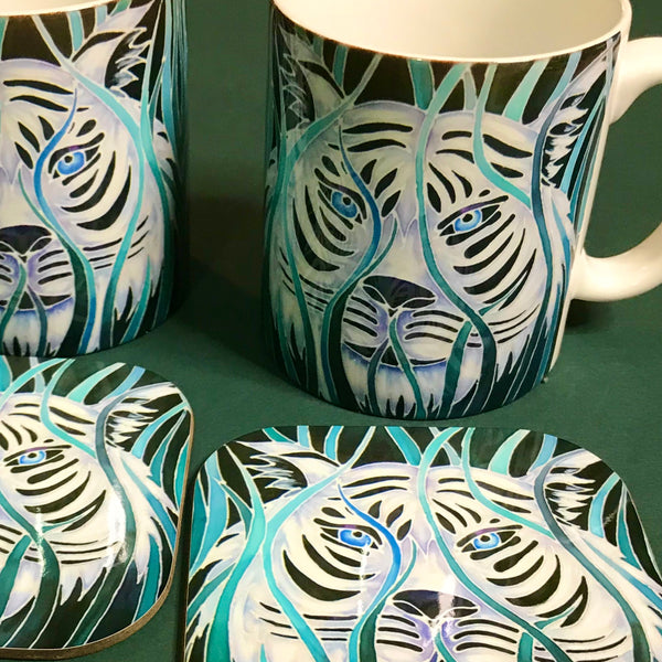 Majestic White Tiger  Mug in teal green aqua and white - Wildlife Lovers Mug Gift