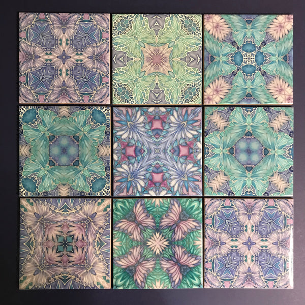 Pretty Pastel Mixed Set of 50 Ceramic Tiles - Pastel Blue Green Lilac Turquoise Bright Bohemian Kitchen Tiles