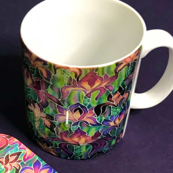 Purple Irises mug - Mug and coaster box set - Flower Mug In Purple  and Green - Mug Gift Set Colours