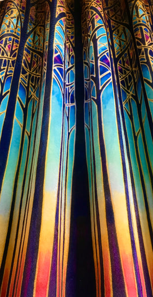 Turquoise Blue Red Purple Yellow and Gold Designer Velvet Curtain Fabric, Cathedral Trees, Order by Drop Length Needed