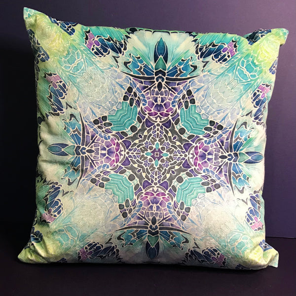 Pretty And Cool Mint Green Blue Purple Teal Velvet Cushions - Dramatic Butterfly Kaleidoscope Design Luxury Velvet Cushions