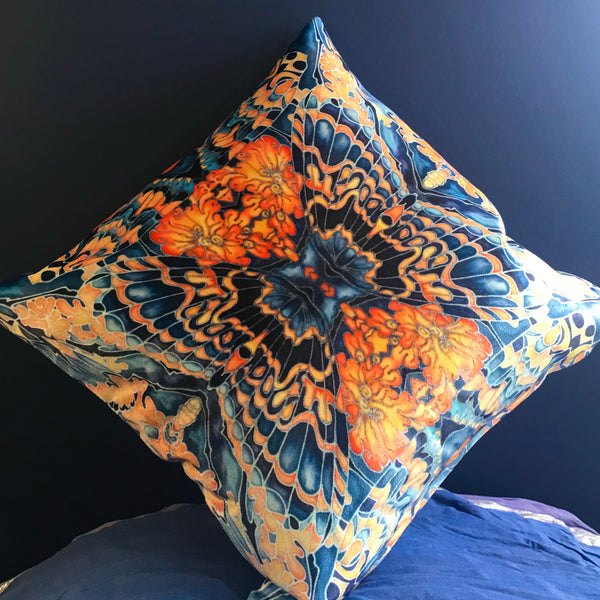 Contemporary Grey Blue Orange Velvet Cushions - Dramatic Moth Design Luxury Velvet Cushions