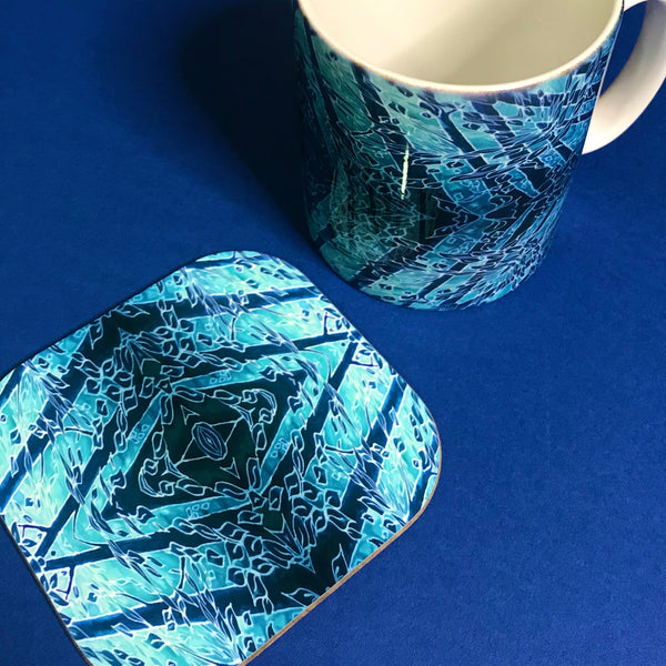 Blue Diamond Forest Mug and Coaster Box Set -  Blue Teal Turquoise Mug