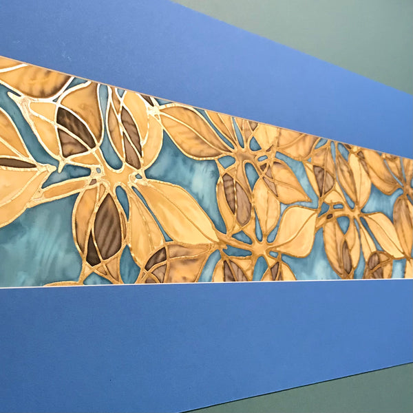 Beech Leaves Original Silk Painting -   Blue Caramel Gold Hand-Painted Silk Art -