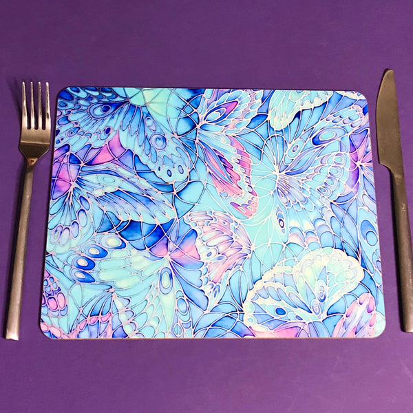 Table Mats Blue Butterflies - blue green turquoise placemats -  butterfly coasters tableware - glass chopping boards / counter savers, serving trays, mugs and mouse mats