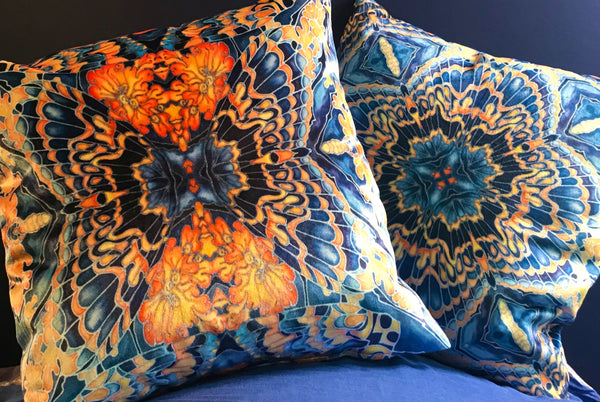 Contemporary Grey Blue Orange Velvet Cushions - Dramatic Moth Design Luxury Velvet Cushions