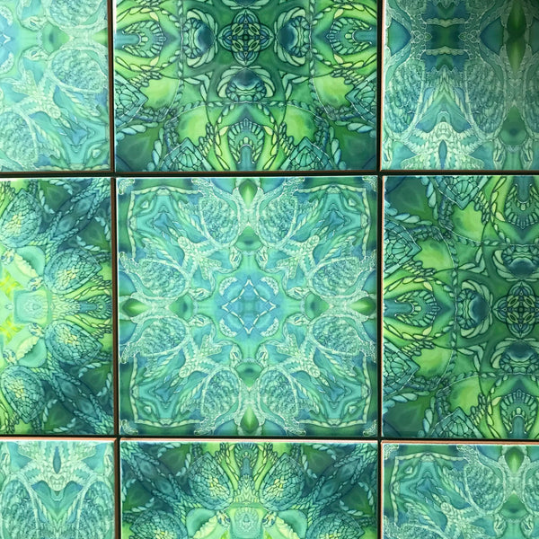 Green Turtle Kaleidoscope Mixed Tiles Set - Teal Mint Lime Tiles - Beautiful Tile - Bohemian Tiles