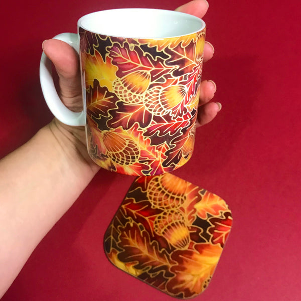 Autumnal Oak Leaves and Acorns Mug - Mug and Coaster Box Set - Red Mug Set - Leaves Mug Gift