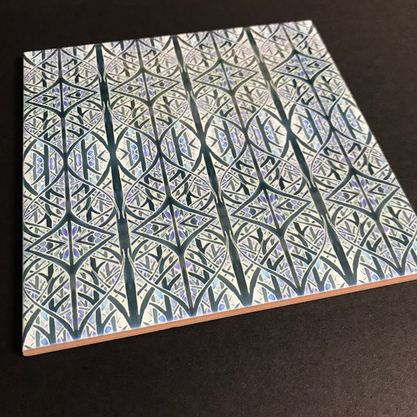 Contemporary Charcoal and Pale Blue Woven Trees Ceramic Tiles -  Ceramic Hand Printed Tiles