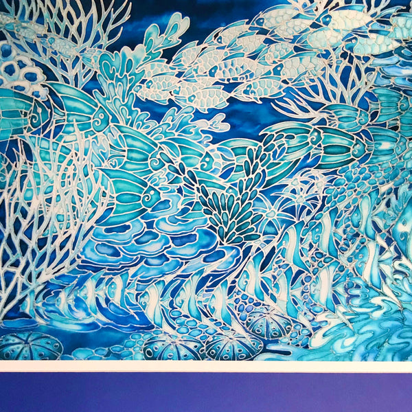 Blue Coral Reef Print - Ultramarine Aqua Fish in Coral Reef Print - Bathroom Art