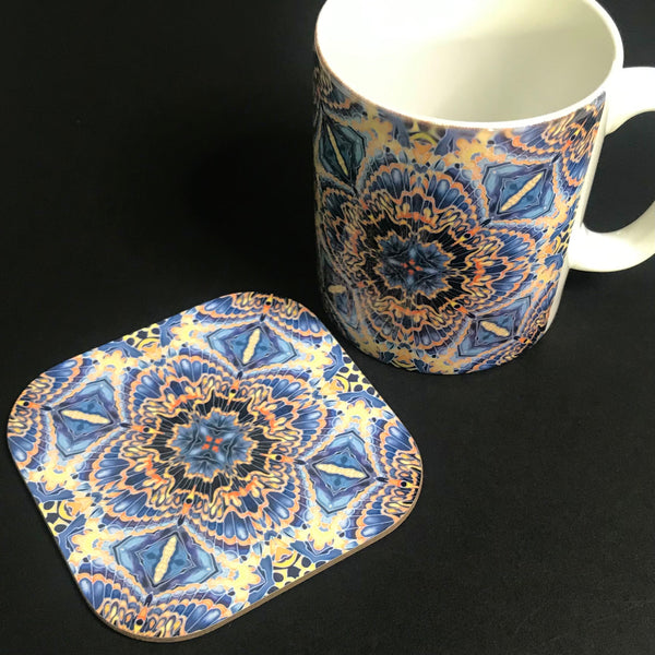 Gorgeous Orange Grey Blue Kaleidoscope Mug and Coaster box set only - Contemporary Mug Set - Grey Blue Orange Mug Gift