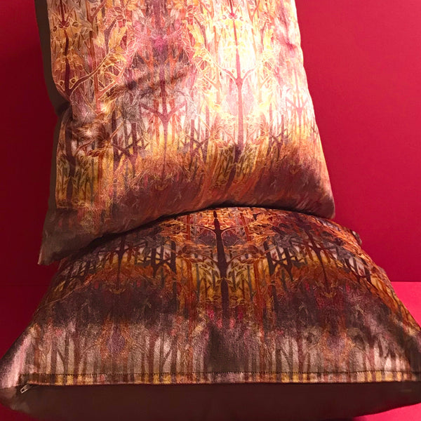 Autumn Whispers Trees Luxury Velvet Cushion- Contemporary Russet Beaujolais Terracotta Grey Throw Pillow - Luxury Velvet Cushion