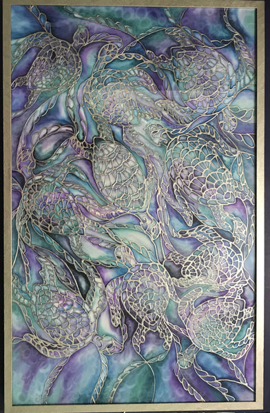 Blue Grey Turtles Original Silk Painting - blue turquoises  green Original Art