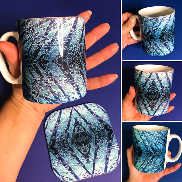 Blue Diamond Forest Mug and Coaster Box Set -  Blue Teal Turquoise Mug