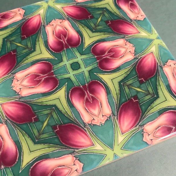 Nouveau Rich Pink Tulips Tiles. Arts and Crafts look Bathroom Tiles or Kitchen Tiles