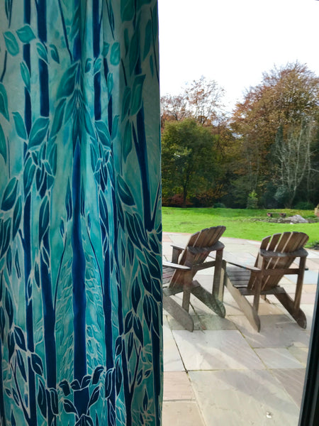 Turquoise Blue Trees Designer Luxury Velvet Curtain Fabric by the Drop Length Needed