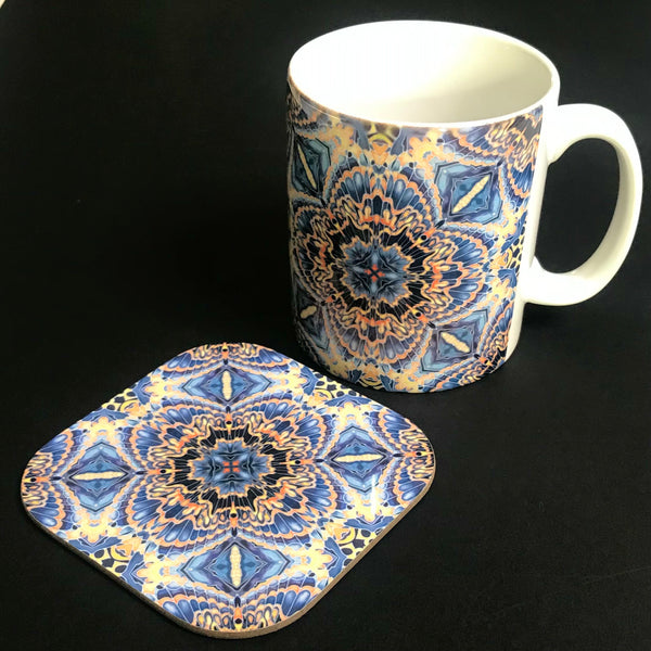 Gorgeous Orange Grey Blue Kaleidoscope Mug and Coaster box set only - Contemporary Mug Set - Grey Blue Orange Mug Gift