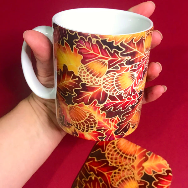 Autumnal Oak Leaves and Acorns Mug - Mug and Coaster Box Set - Red Mug Set - Leaves Mug Gift