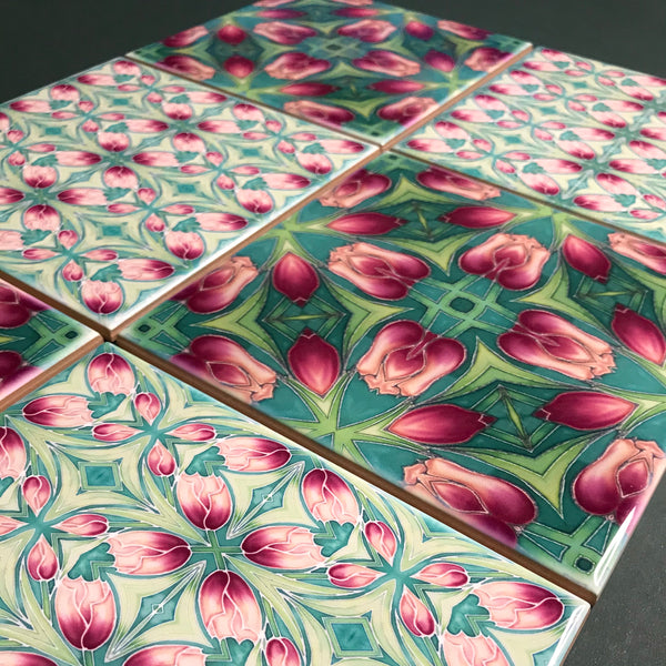 Pink Tulip Mixed Set of Bathroom Tiles - Arts and Crafts Look Bright Bohemian Kitchen Tiles