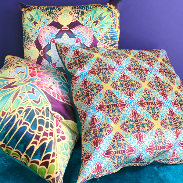 Teal Green & Red Diamond Repeat Pattern Kaleidoscope Cushions in Luxury Velvet