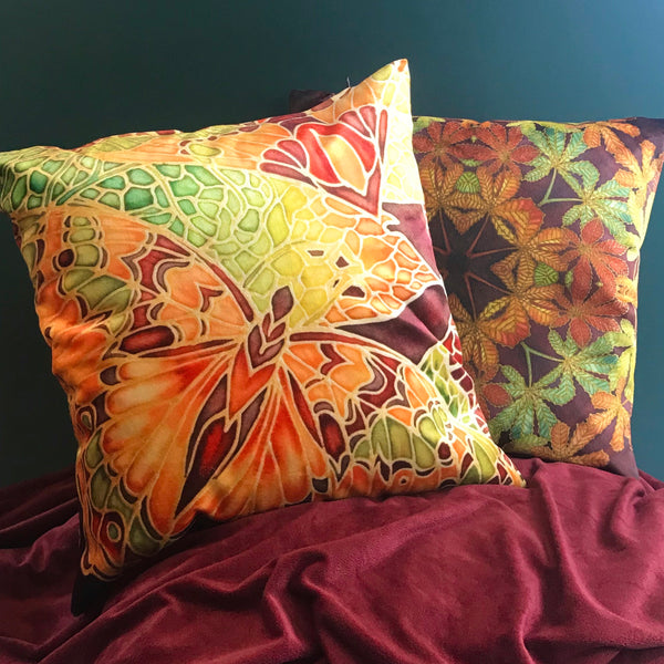 Terracotta Caramel and Moss Green Luxurious Velvet Butterfly Cushion - Green Rust Butterflies pillow