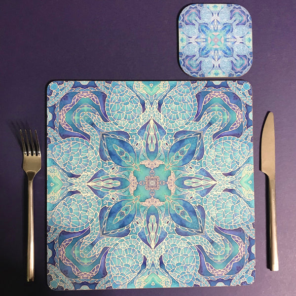 Blue Turtle Mandala Square Mats & Coasters - Sea Life Table Mats