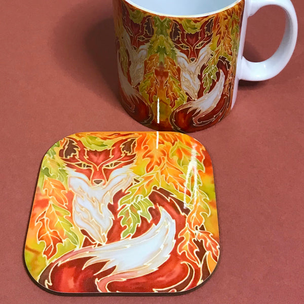 Fox in Oak Leaves Mug & Coaster - Fox Mug Box Set - Green Terracotta Yellow Fox Mug - Fox Lovers Mug Gift