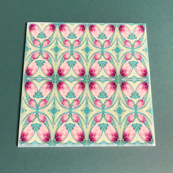 Nouveau Pink Tulips Tiles. Arts and Crafts look Bathroom Tiles or Kitchen Tiles