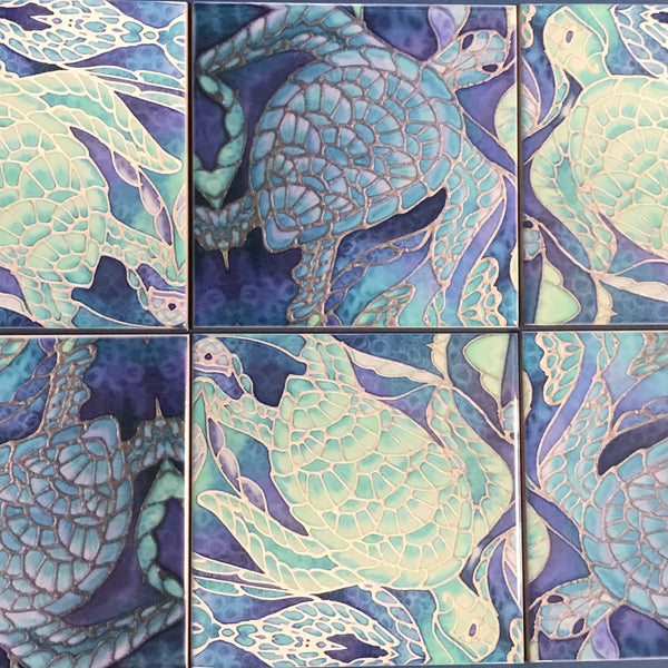 Blue Aqua Turtle Mix Small 4.25” Square Tiles -  Ceramic Bathroom Kitchen Hand Printed Tiles