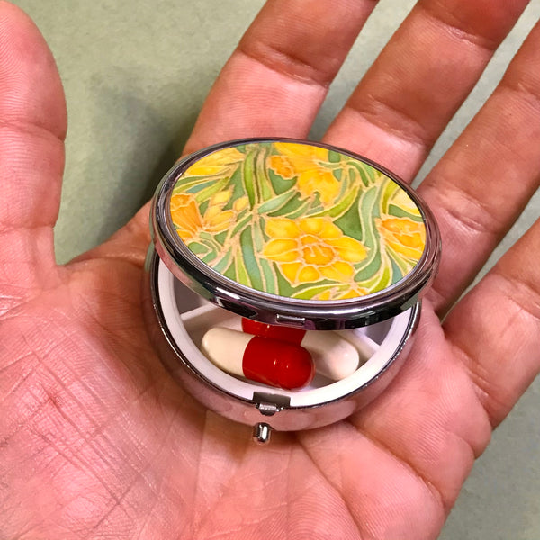 Cheerful Green and Yellow Daffodils Pill Box - Flower Round Trinket Box - Stud Earing Jewellery Box