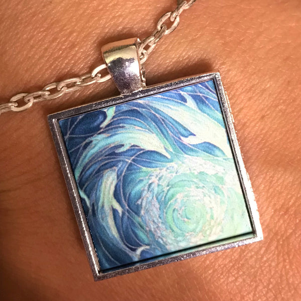 Blue Aqua Dolphins Necklace - Square Dolphin Pendant - Affordable gift