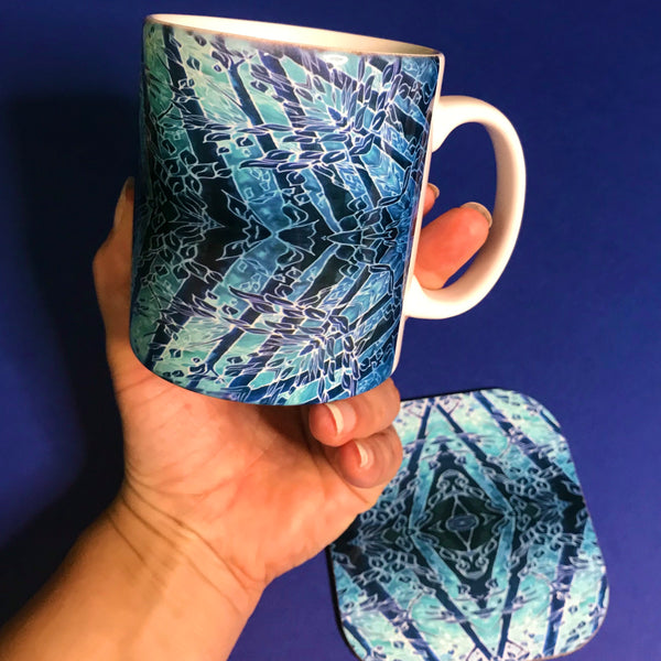 Blue Diamond Forest Mug and Coaster Box Set -  Blue Teal Turquoise Mug