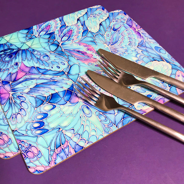 Table Mats Blue Butterflies - blue green turquoise placemats -  butterfly coasters tableware - glass chopping boards / counter savers, serving trays, mugs and mouse mats