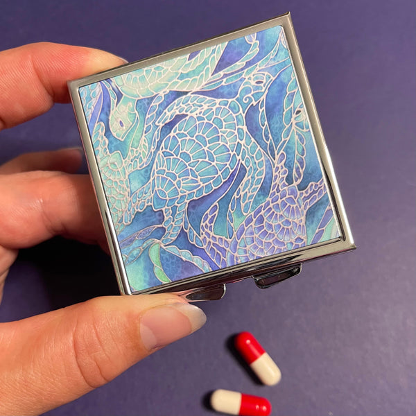 Blue Aqua Turtle Sea Large Pill Box - Stud Earing Jewellery Box