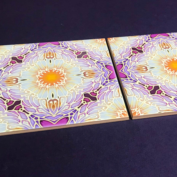 Pretty Stylised Daisy Tiles - Creamy White and Plum Bohemian Ceramic Printed Tiles