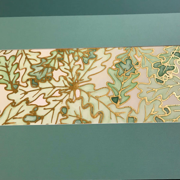 Green Oak Leaves Original Silk Painting - green gold Hand-Painted Silk Art -