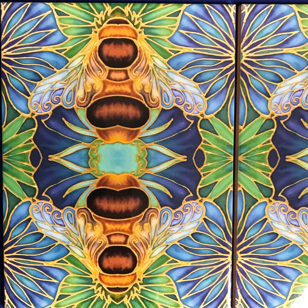 Gorgeous Blue Green Caramel Bumble Bees - Beautiful Ceramic Bohemian Tiles - Kitchen Bathroom Tiles