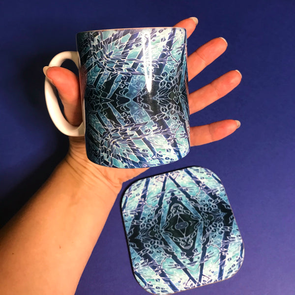 Blue Diamond Forest Mug and Coaster Box Set -  Blue Teal Turquoise Mug